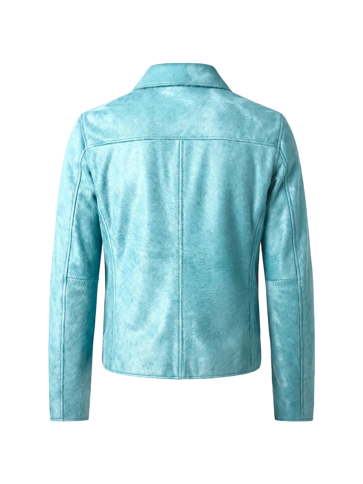 ROBERT, veste à col espagnol en cuir façon poulain turquoise, vue de dos sur mannequin invisible.