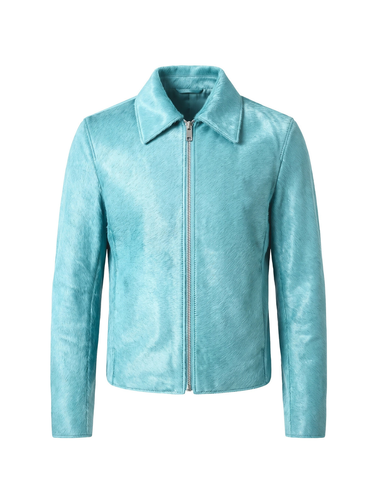 ROBERT, veste à col espagnol en cuir façon poulain turquoise, vue de face sur mannequin invisible.