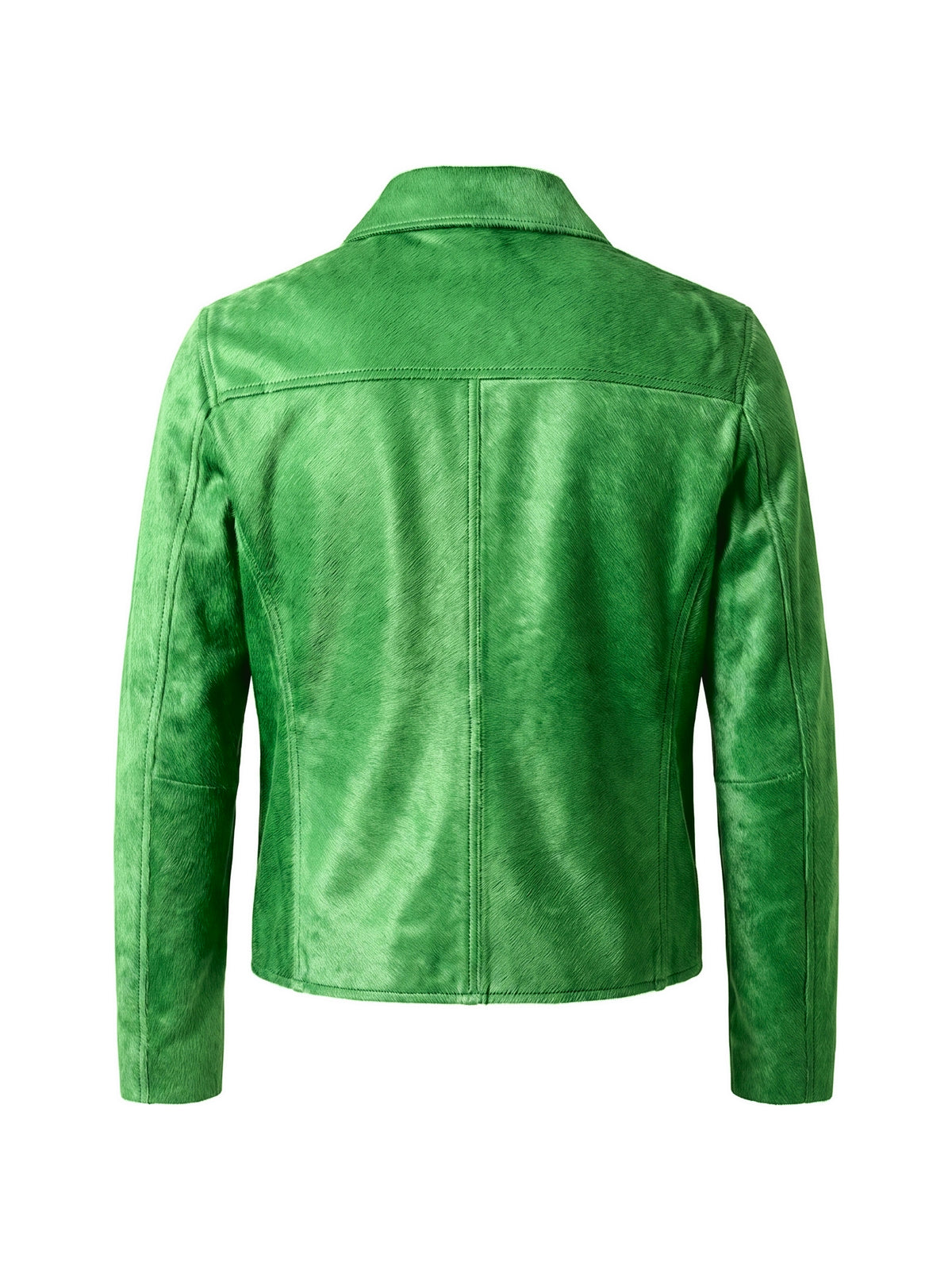 ROBERT, veste à col espagnol en cuir façon poulain vert, vue de dos sur mannequin invisible.