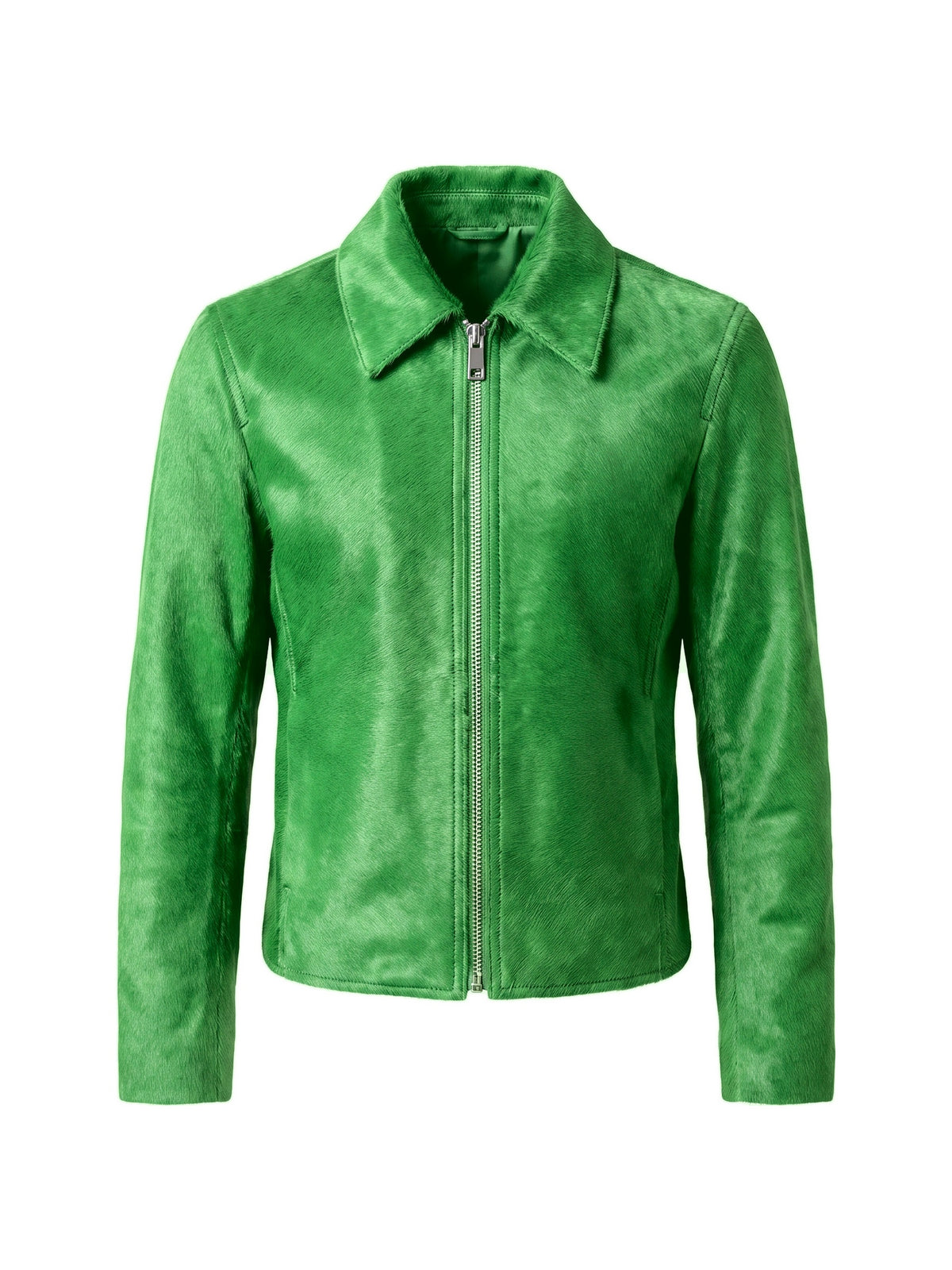 ROBERT, veste à col espagnol en cuir façon poulain vert, vue de face sur mannequin invisible.