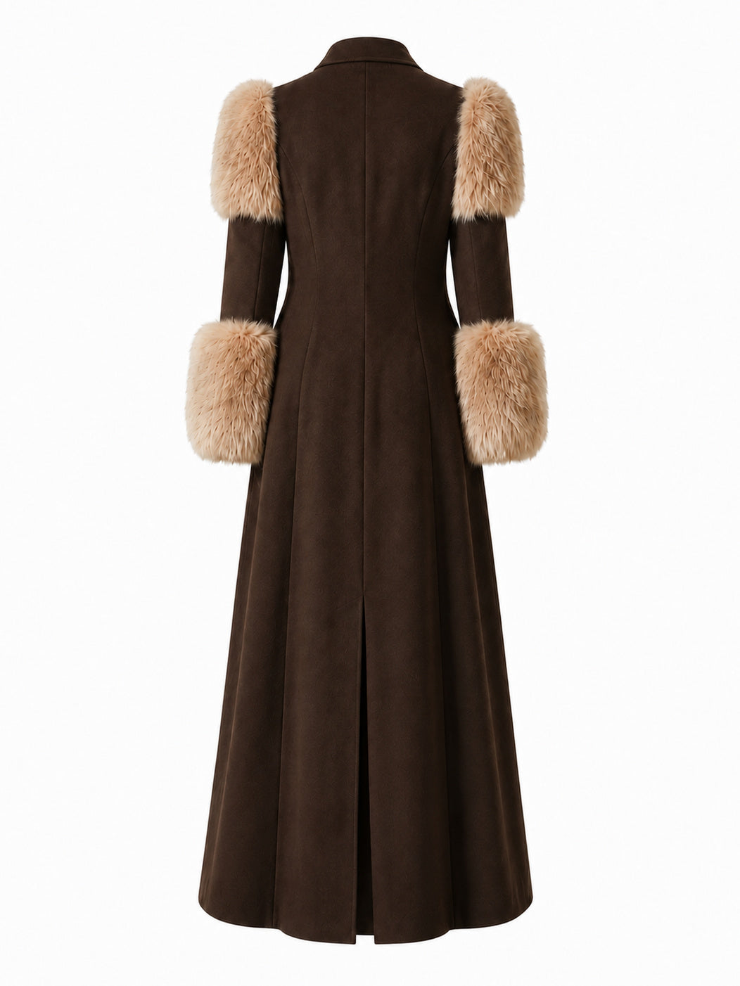 ROSE, manteau long en laine brune et renard blond, vu de dos sur mannequin invisible.