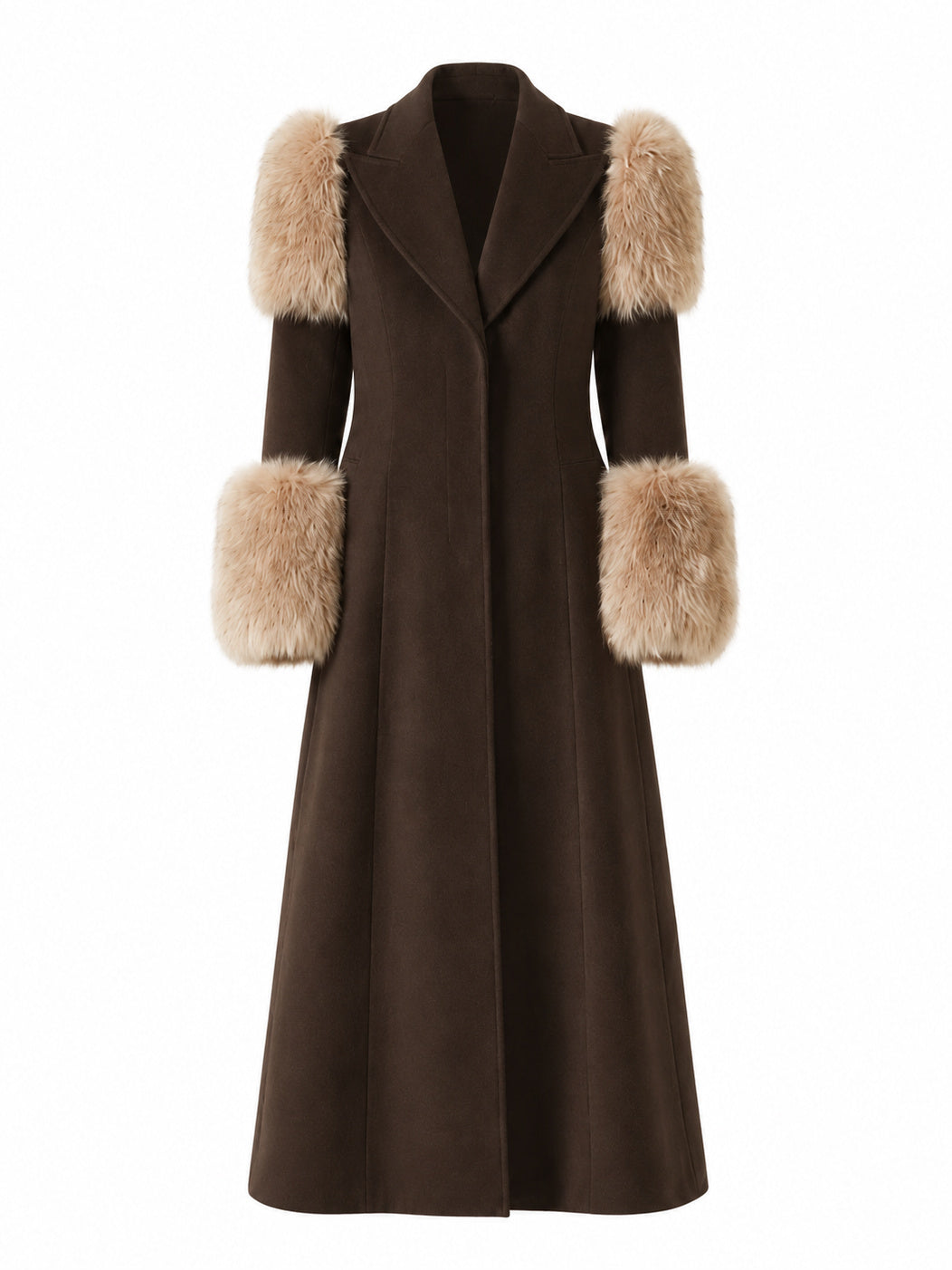 ROSE, manteau long en laine brune et renard blond, vu de face sur mannequin invisible.