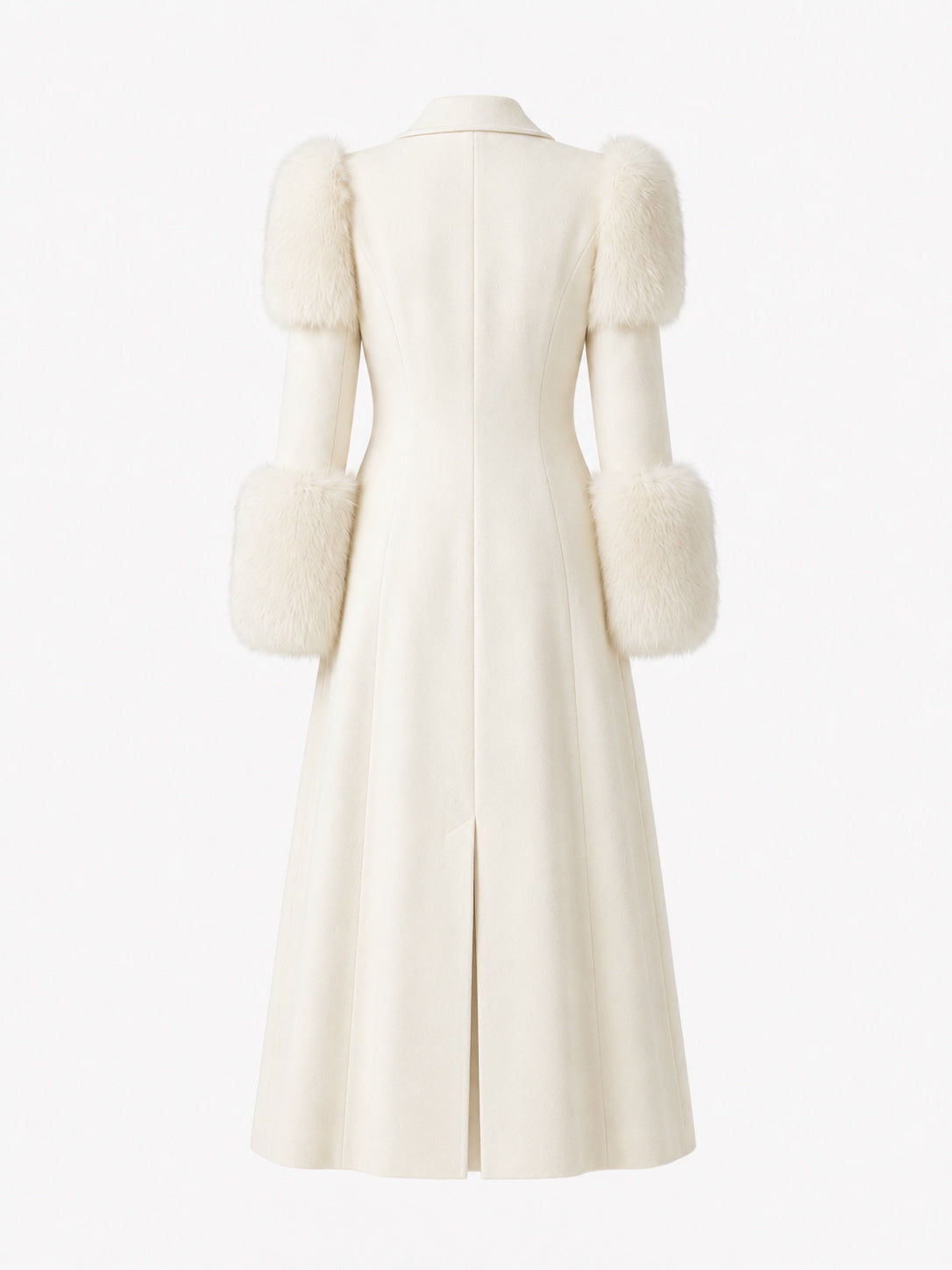 ROSE, manteau long en laine ivoire et renard blanc, vu de dos sur mannequin invisible.
