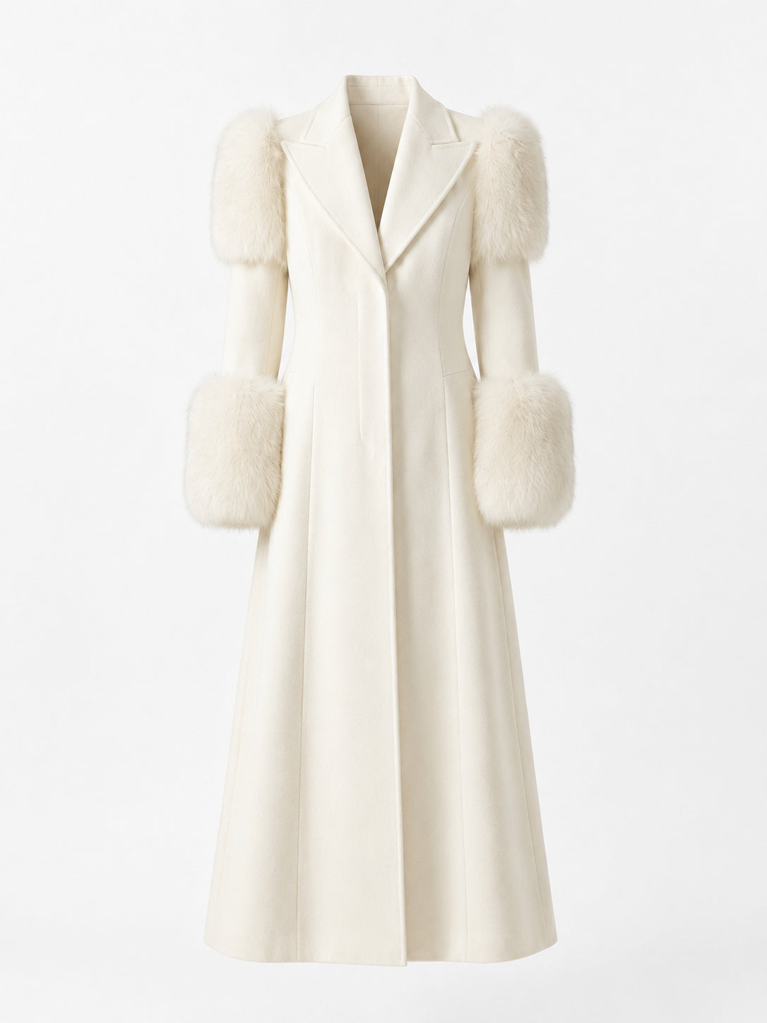 ROSE, manteau long en laine ivoire et renard blanc, vu de face sur mannequin invisible.