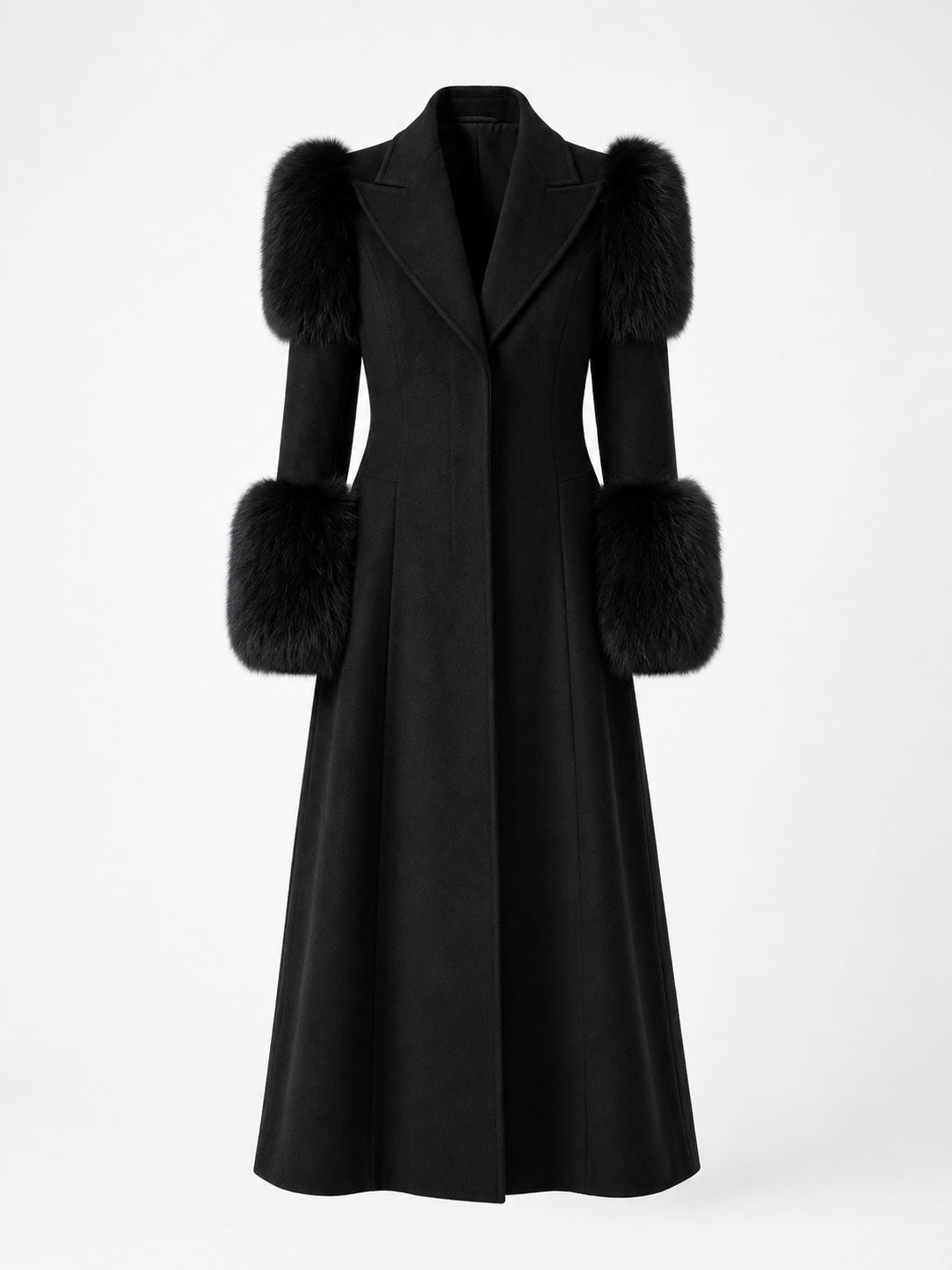 ROSE, manteau long en laine noire et renard noir, vu de dos sur mannequin invisible.