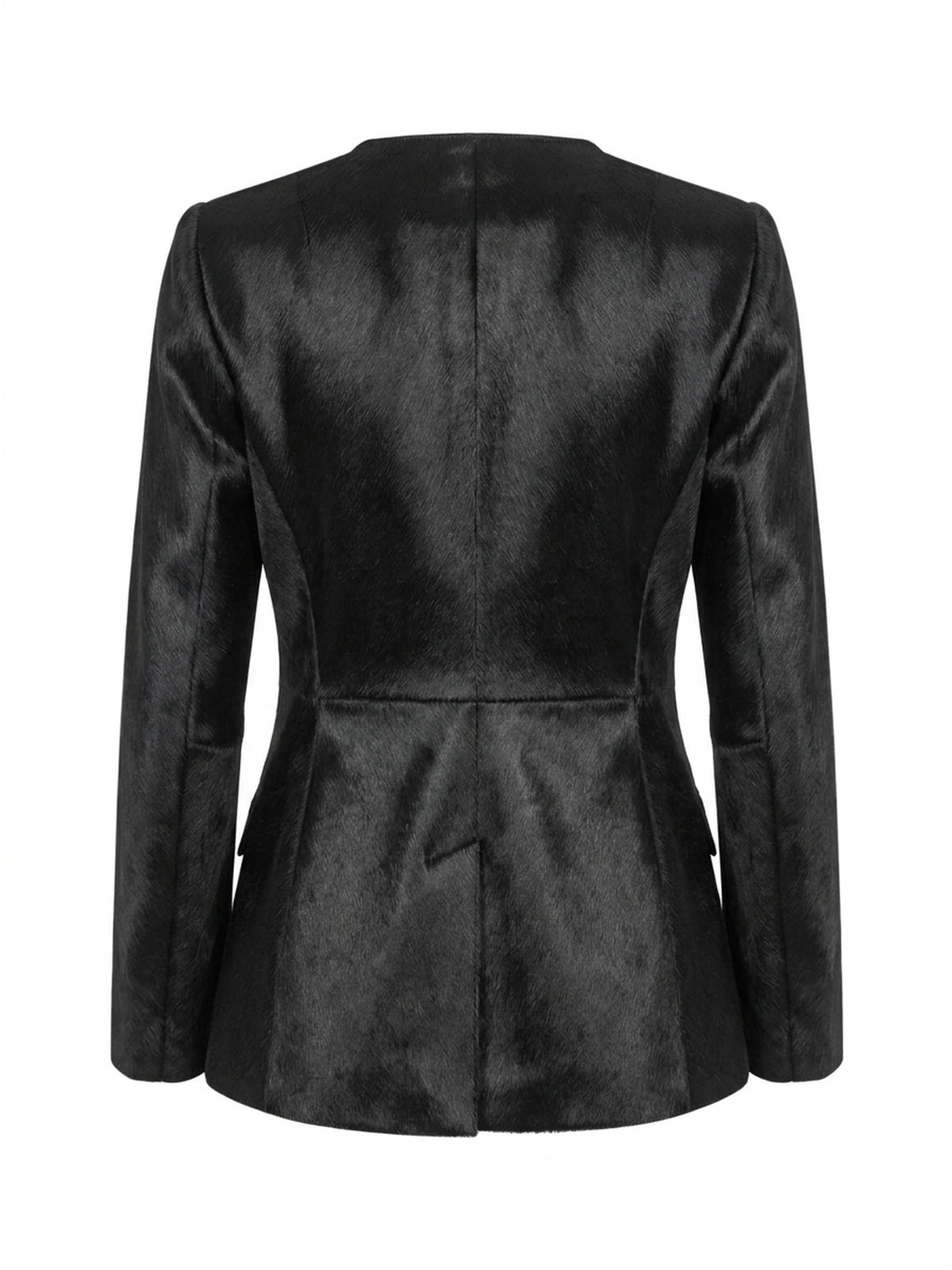 ROSELYNE, veste longue en cuir façon poulain noir, vue de dos sur mannequin invisible.