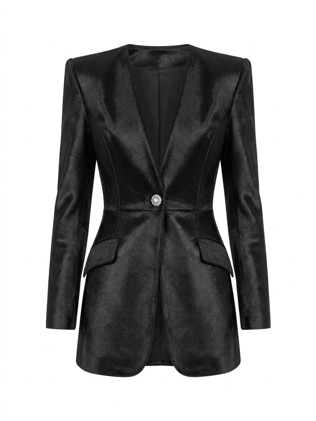 ROSELYNE, veste longue en cuir façon poulain noir, vue de face sur mannequin invisible.