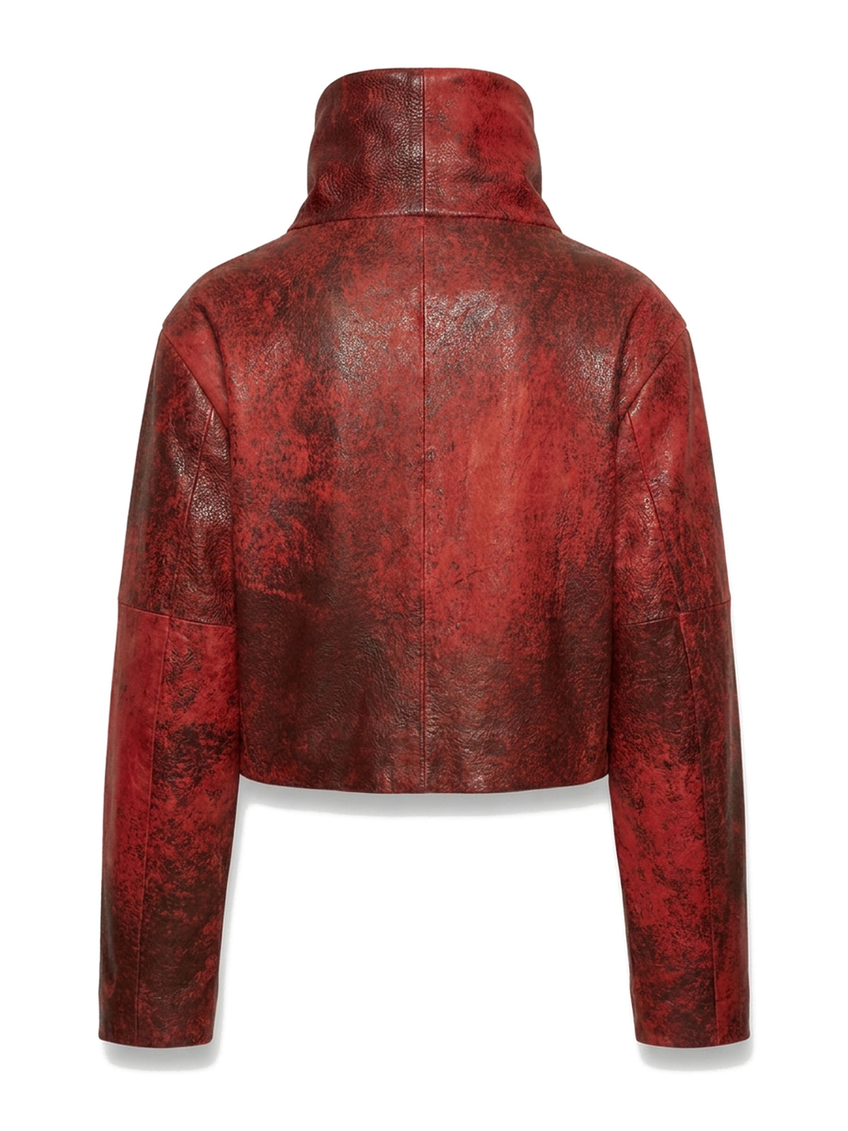 SALOMÉ, short jacket in red aged leather, back view on an invisible mannequin.