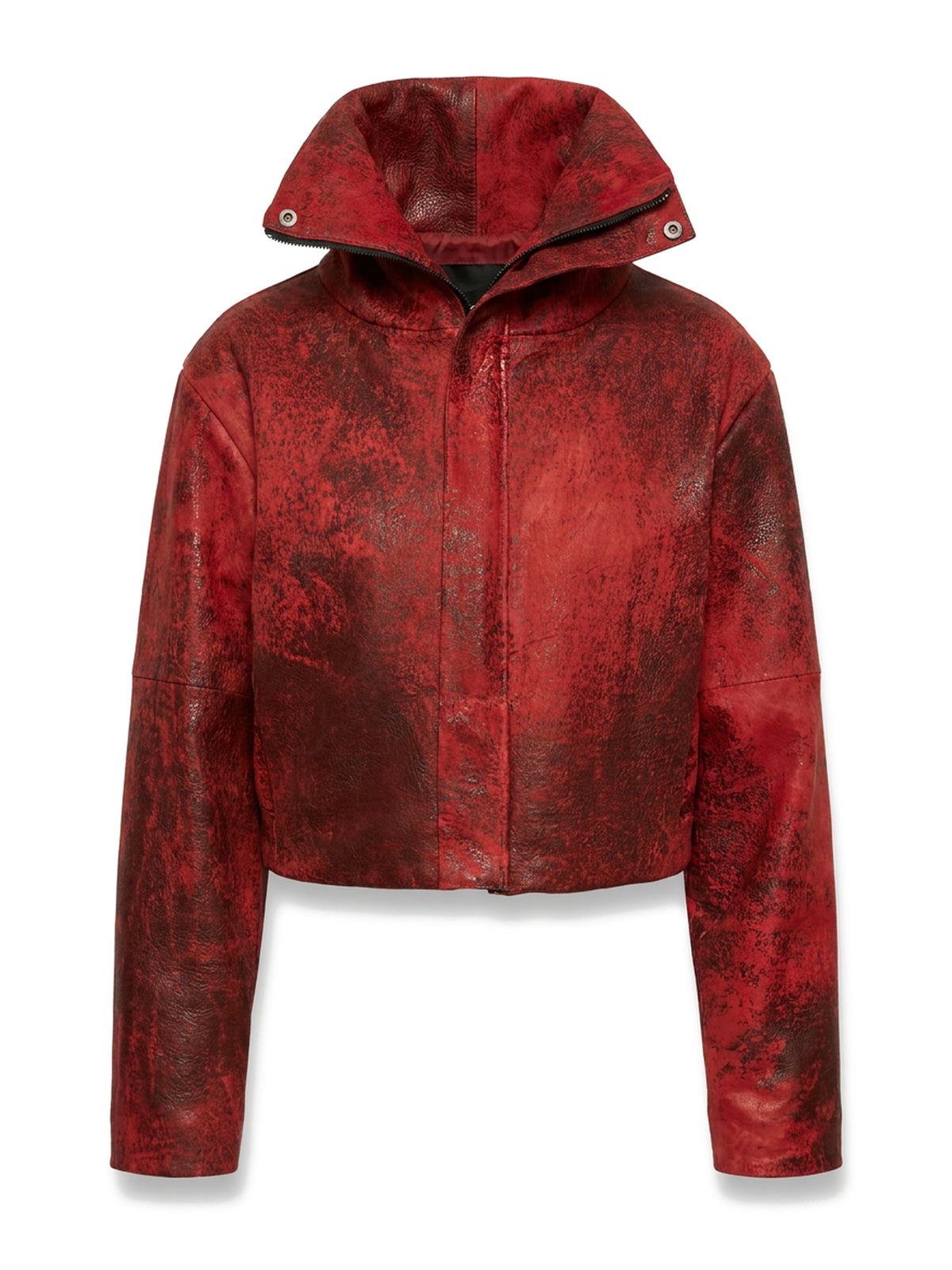 SALOMÉ, short jacket in red aged leather, front view on an invisible mannequin.