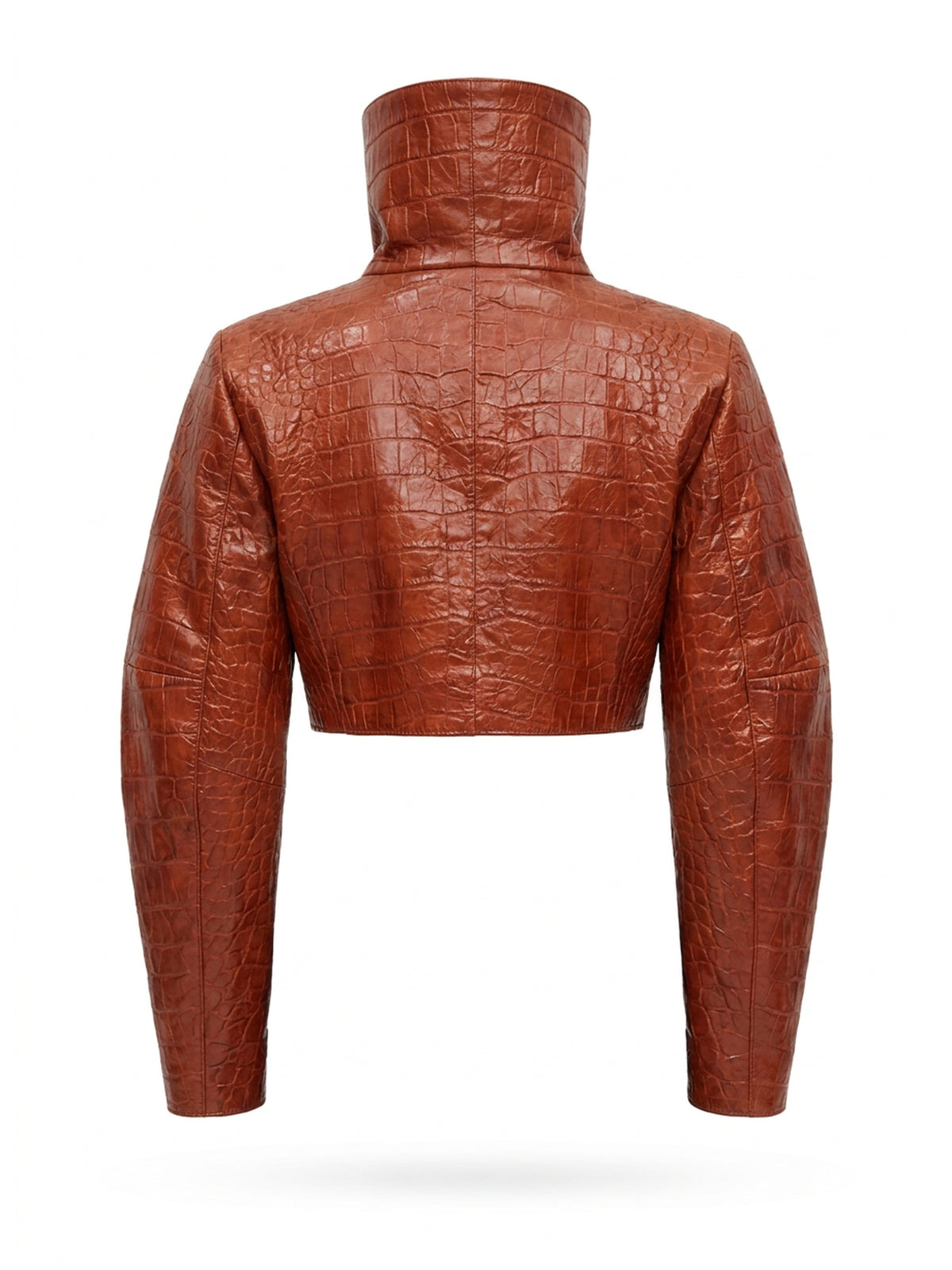 SALOMÉ, veste courte en cuir façon croco rouge brique, col cheminée, vue de dos sur mannequin invisible.