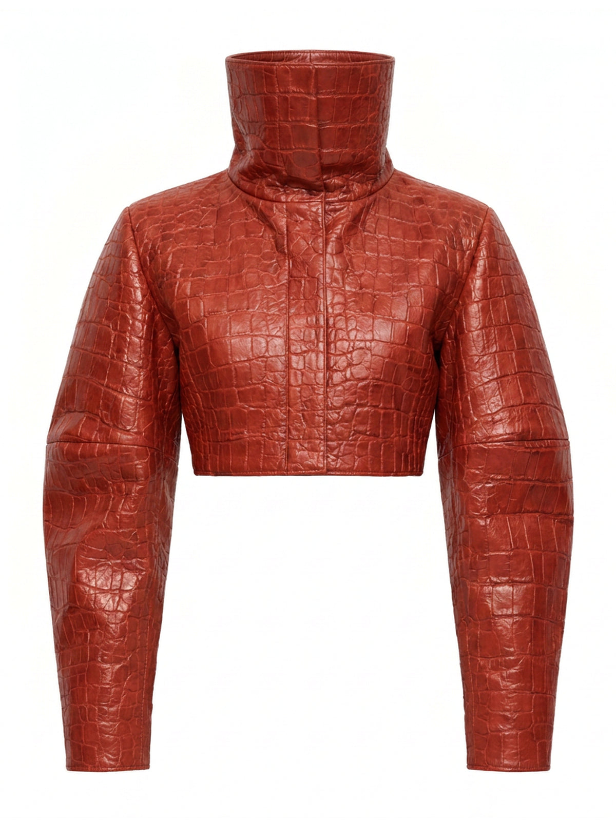 SALOMÉ, veste courte en cuir façon croco rouge brique, col cheminée, vue de face sur mannequin invisible.