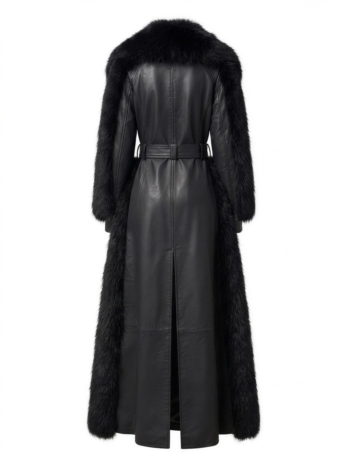 SOLÈNE, trench long en cuir d'agneau noir bordé de renard, vu de dos sur mannequin invisible.