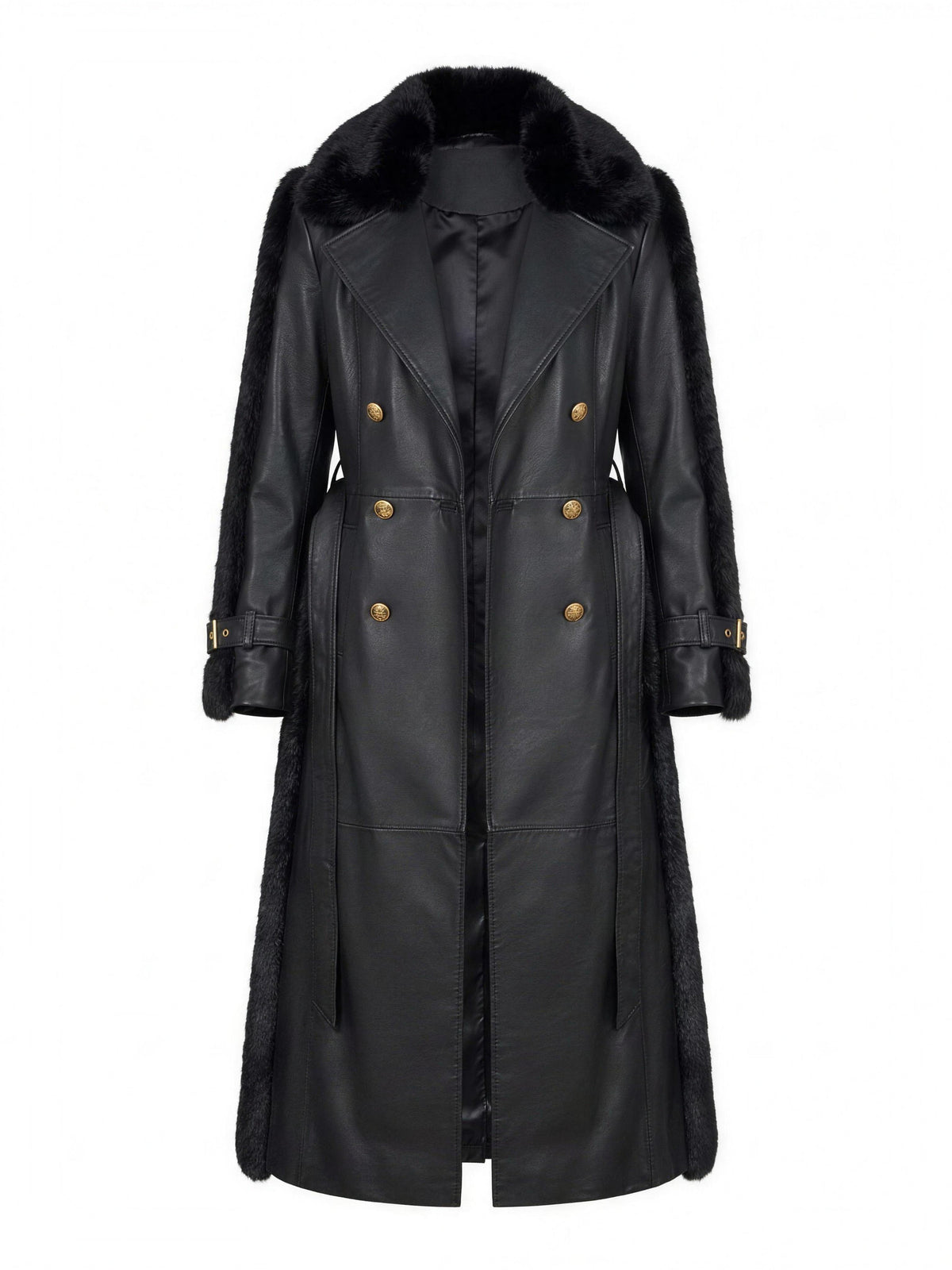SOLÈNE, trench long en cuir d'agneau noir bordé de renard, vu de face sur mannequin invisible.