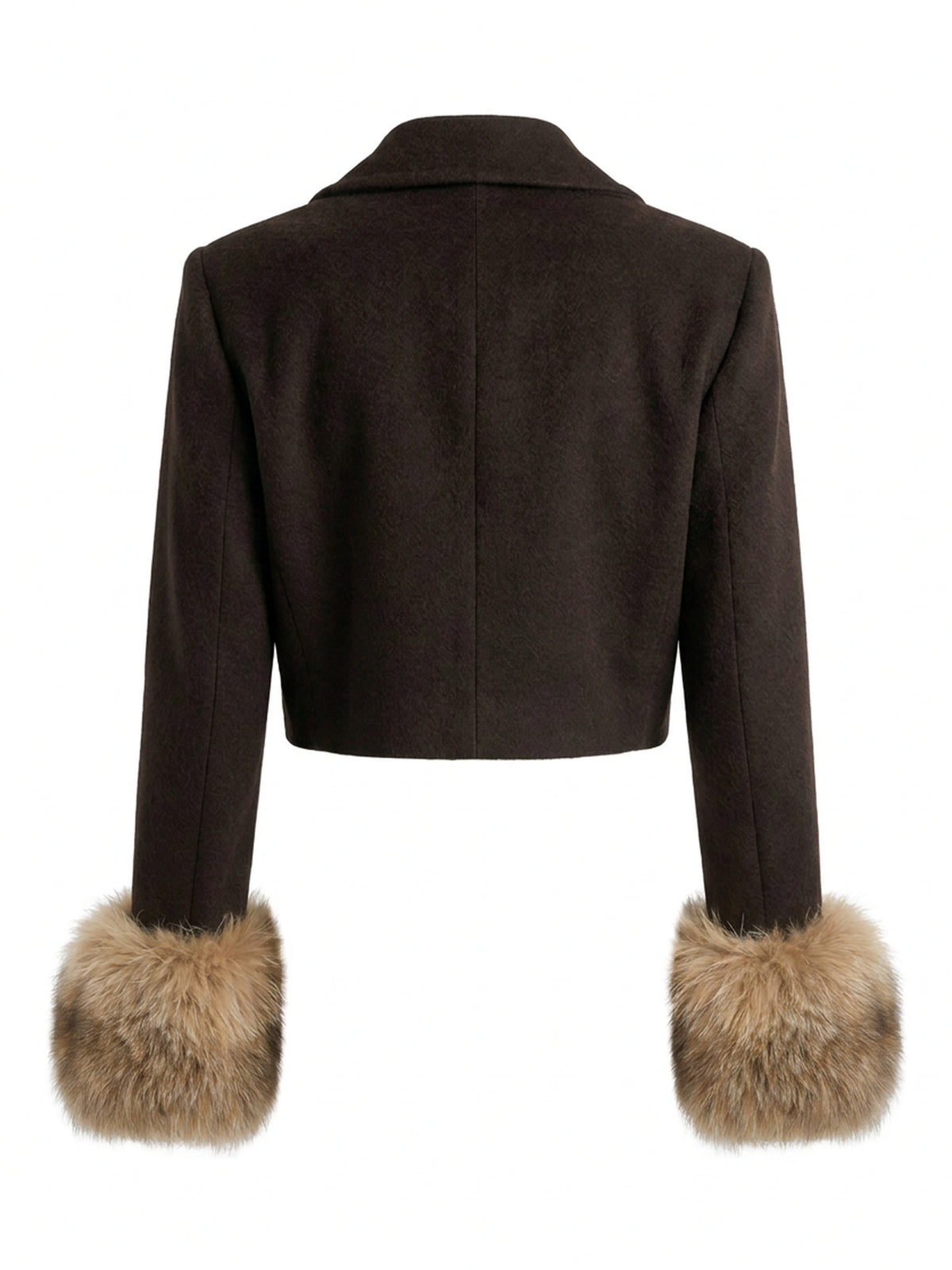 SUZANNE, veste courte en laine et cachemire brun profond, manchettes en renard, vue de dos sur mannequin invisible.