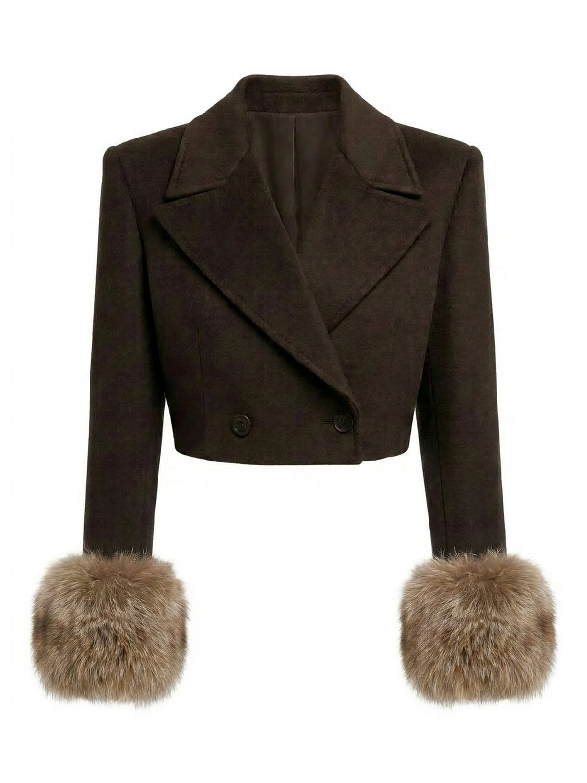 SUZANNE, veste courte en laine et cachemire brun profond, manchettes en renard, vue de face sur mannequin invisible.