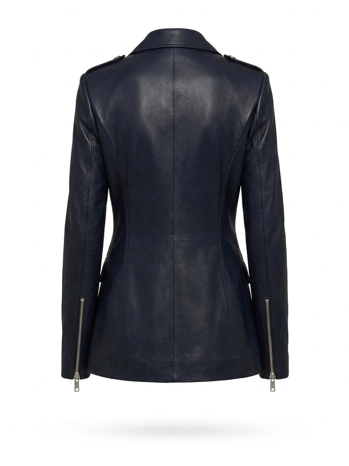 VALÉRIE, blazer zippé en cuir d'agneau bleu nuit, vu de dos sur mannequin invisible.