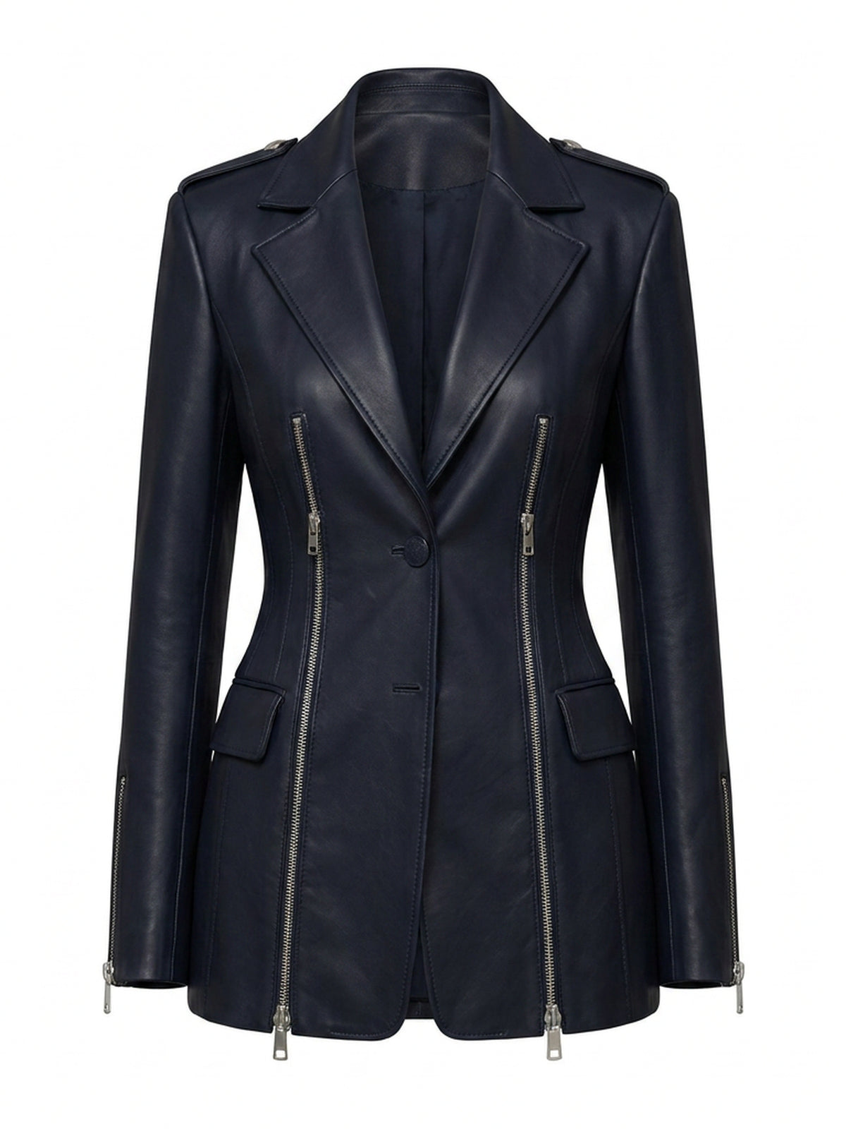 VALÉRIE, blazer zippé en cuir d'agneau bleu nuit, vu de face sur mannequin invisible.