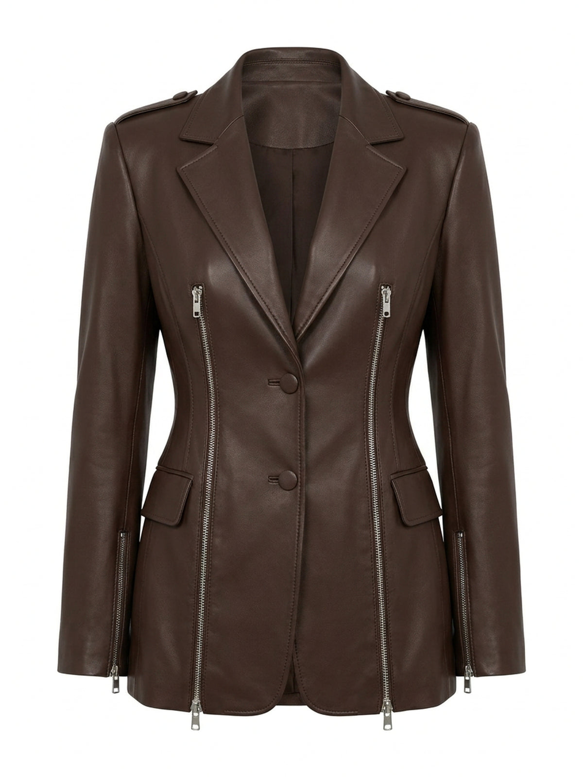 VALÉRIE, blazer zippé en cuir d'agneau espresso, vu de face sur mannequin invisible.