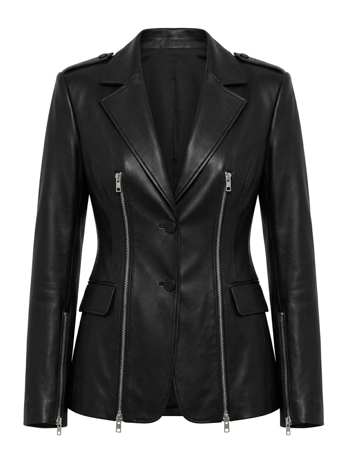 VALÉRIE, blazer zippé en cuir d'agneau noir, vu de face sur mannequin invisible.