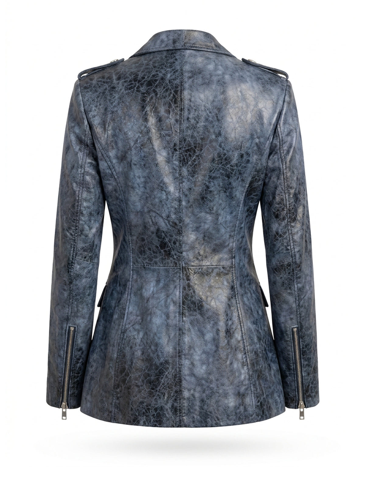 VALÉRIE, blazer zippé en cuir d'agneau vieilli bleu délavé, vu de dos sur mannequin invisible.