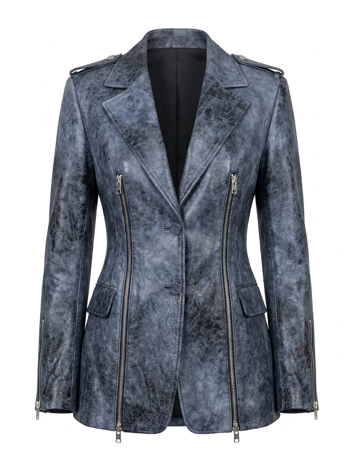 VALÉRIE, blazer zippé en cuir d'agneau vieilli bleu délavé, vu de face sur mannequin invisible.